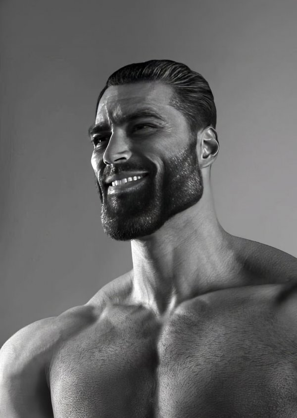 The Chad - a muscular smiling man in black and white